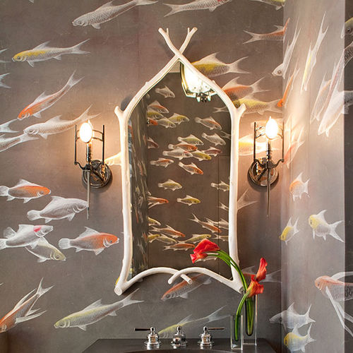 Traditional wallpaper - FISHES - DE GOURNAY - animal motif / fabric look / silver-colored