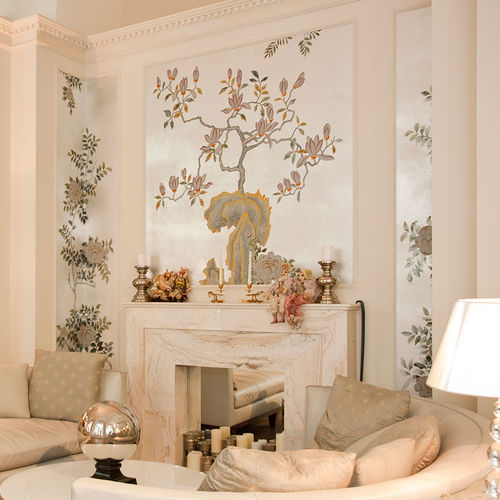 Traditional wallpaper - SUMMER NIGHT BLOSSOM - DE GOURNAY - floral / fabric look / silver-colored