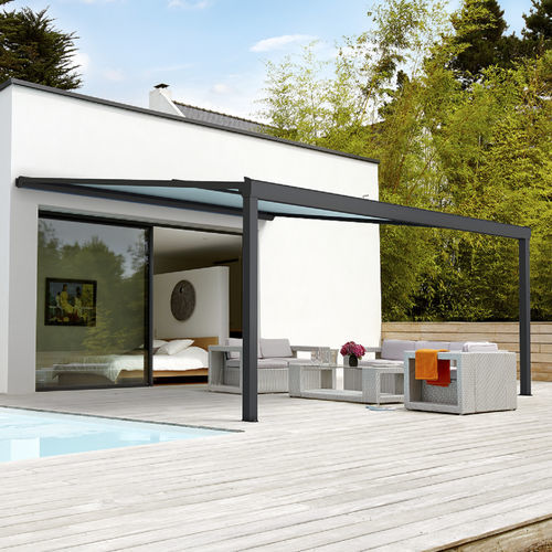 Wall-mounted pergola - ALIZE - SOLISO EUROPE - aluminum / fabric canopy / custom