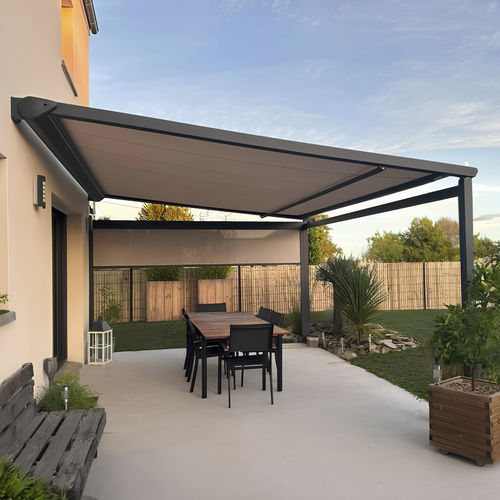 Wall-mounted pergola - ALIZ&Eacute;O - SOLISO EUROPE - aluminum / fabric canopy / custom