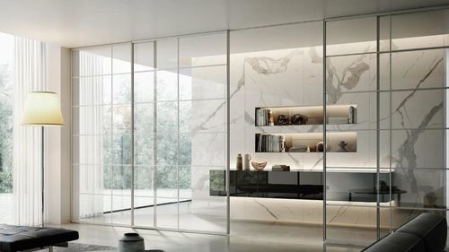 Partition with glass panel - PLANA SYSTEM PLANA - Bertolotto Porte - suspended / sliding / aluminum