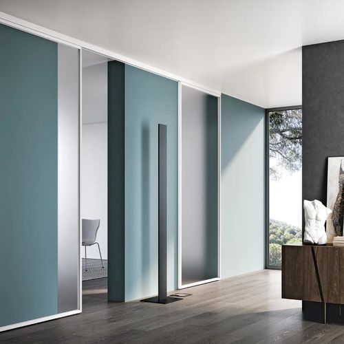 Suspended partition - PLANA EASY - Bertolotto Porte - sliding / aluminum / glass