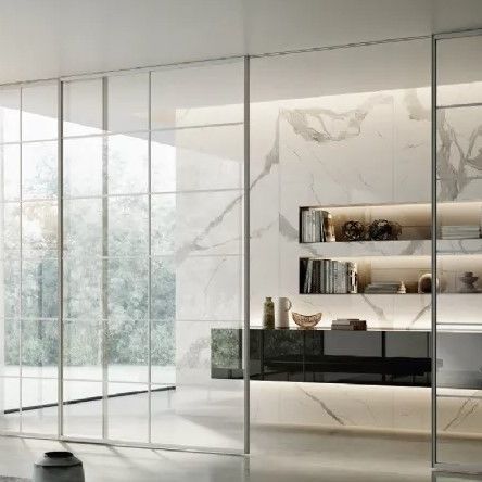 Glass sliding panel - PLANA CRYSTAL BI - Bertolotto Porte - aluminum / tempered glass / aluminum profile