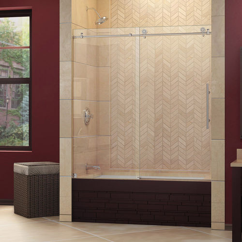 Sliding bath screen - ENIGMA-X - DreamLine - tempered glass / partial frame