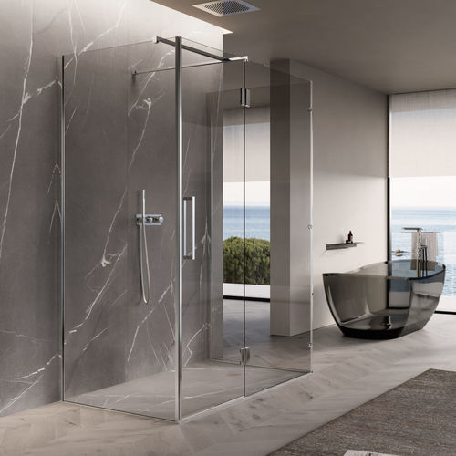 Aluminum shower enclosure - EASY - IDEAGROUP - tempered glass / with hinged door / for alcoves