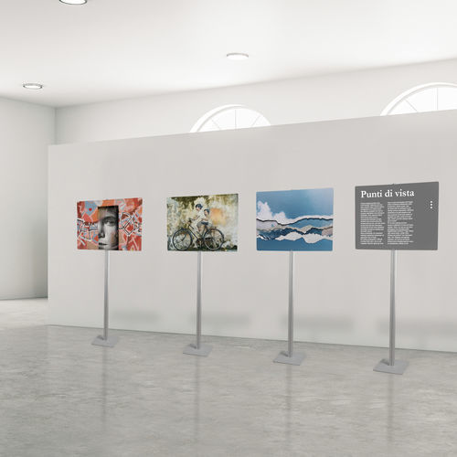 Glass display panel with long legs - ESPOM - STUDIO T - indoor / anodized aluminum
