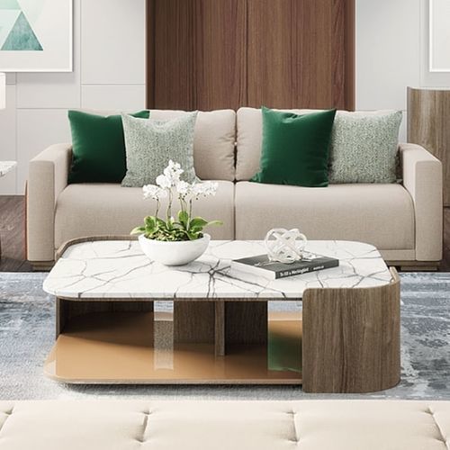 Contemporary coffee table - GALAPAGOS 401 - Adriana Hoyos - marble / quartzite / oak base