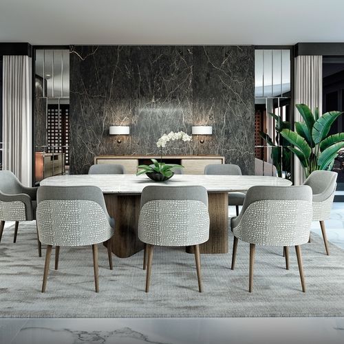 Contemporary dining table - GALAPAGOS 101 - Adriana Hoyos - marble / quartzite / wooden base