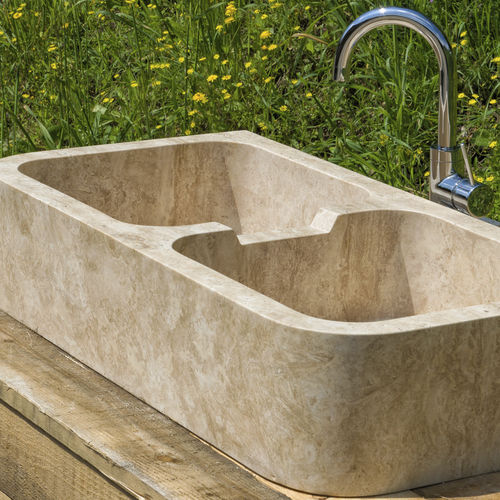 Double kitchen sink - DOUBLE - PIETRE DI RAPOLANO PDR SRL - without drainboard / travertine / apron-front