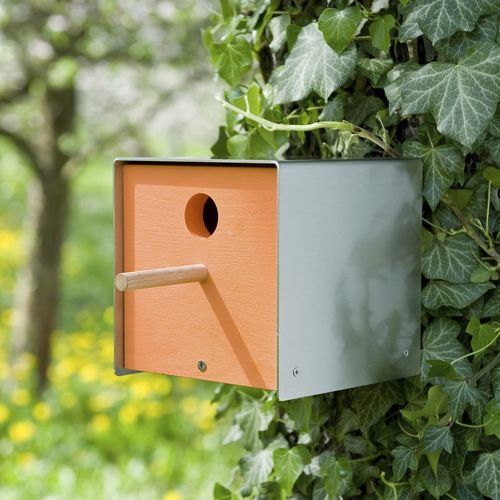 Wooden birdhouse - twitter.orange - keilbach design and products - stainless steel / hanging / wall-mounted