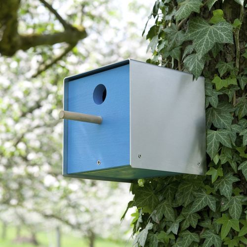 Wooden birdhouse - twitter.blue - keilbach design and products - stainless steel / hanging / wall-mounted