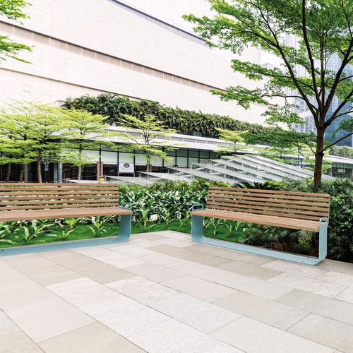 Contemporary public bench - GRIP - A Amop Synergies - wooden / painted steel / with backrest