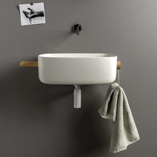 Wall-mounted washbasin - EVLACPPAN - EVER Life Design - beech / Cristalplant® / with towel rack