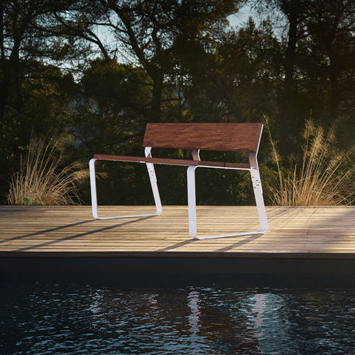 Contemporary garden bench - KAISEKI - CYRIA | Mobilier Urbain - wooden / thermo-lacquered steel / with backrest