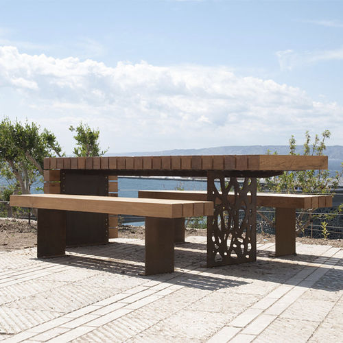 Contemporary table - MIGRATION - CYRIA | Mobilier Urbain - wooden / steel base / stainless steel base
