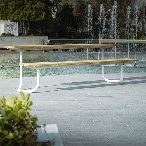 Contemporary table - ARE - CYRIA | Mobilier Urbain - wooden / steel base / stainless steel base
