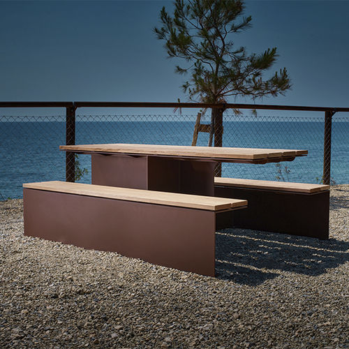 Contemporary table - MONSIEUR - CYRIA | Mobilier Urbain - wooden / steel base / stainless steel base