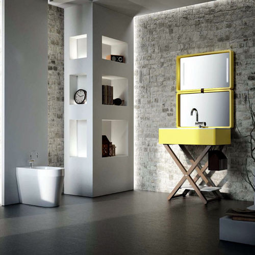 Free-standing washbasin - MY.BAG - Olympia - ceramic / wooden / with adjustable mirror
