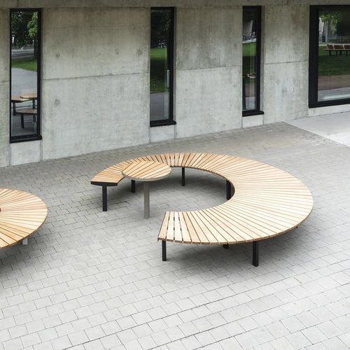 Contemporary picnic table - LAGO - mmcité street furniture - hardwood / galvanised steel base / round