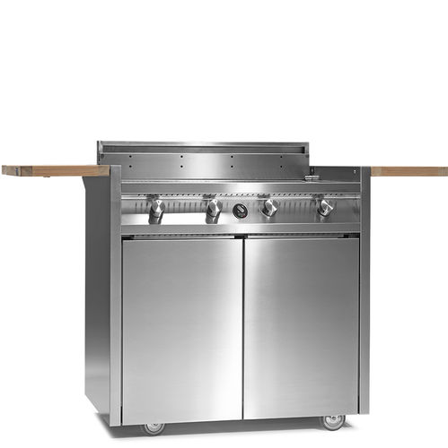 Gas barbecue - GREEN 90 - STEEL - on casters / stainless steel / teak