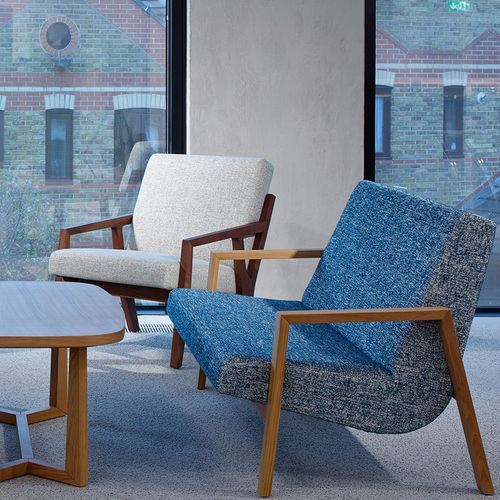 Contemporary visitor armchair - FLEX - Orange Box - fabric / wooden / beige