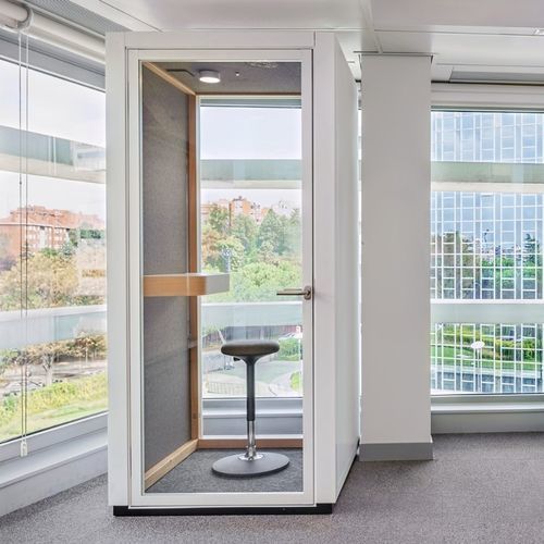Privacy office space with glass door - EVA BOOTH - Dynamobel - 1 person / fabric / glass