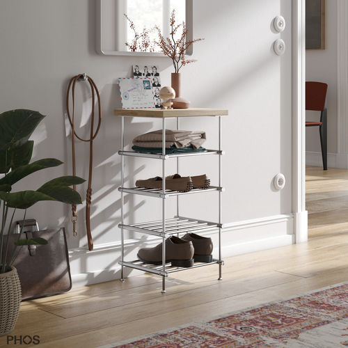 Modern shoe rack - SBS300-4-Eiche  - PHOS Design GmbH - on casters / free-standing / brushed stainless steel