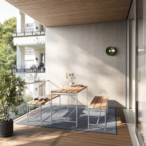 Contemporary table and bench set - Outdoor Garnituren - PHOS Design GmbH - teak / stainless steel / garden