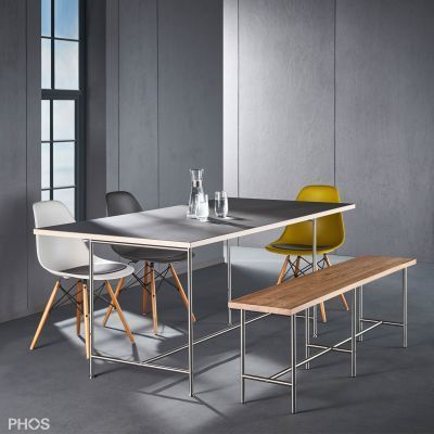 Minimalist design dining table - KATI-E1-MS - PHOS Design GmbH - melamine / stainless steel base / rectangular
