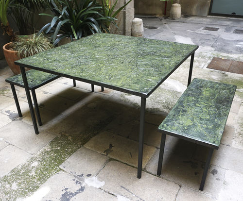Contemporary table and bench set - EMPREINTES - ICI ET LA - fiber-reinforced concrete / painted steel / custom