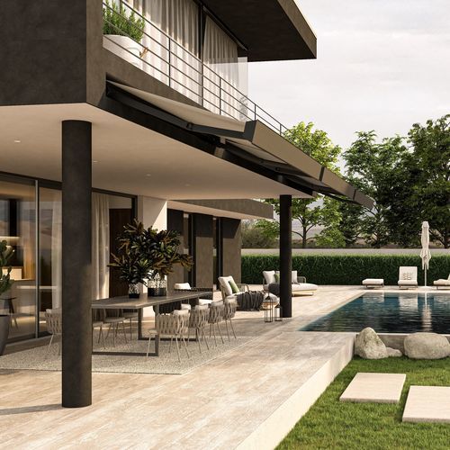 Folding-arm awning - INCA - KE Outdoor Design - motorized / commercial / patio
