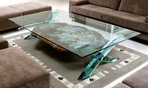 Contemporary coffee table - FOSSILE  - MIROITERIE PETITJEAN - oak / solid wood / tempered glass