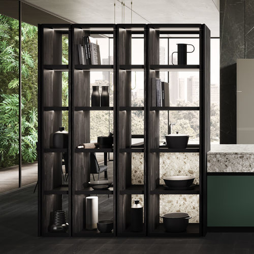 Free-standing bookcase - WAIND TWO SIDE - MITON - contemporary / glass / with built-in lighting