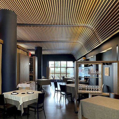 Solid wood suspended ceiling - BAS19 80-70 - Grupo GUBIA - strip / for dining rooms / indoor