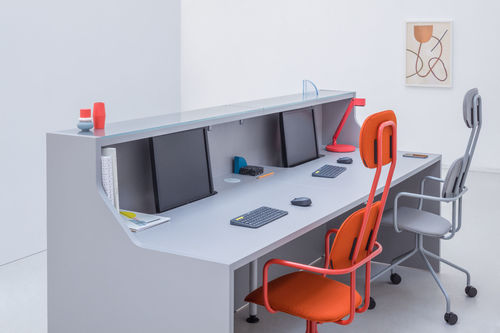 Modular reception desk - LINEA: LIN41L - MDD - corner / glass / stainless steel
