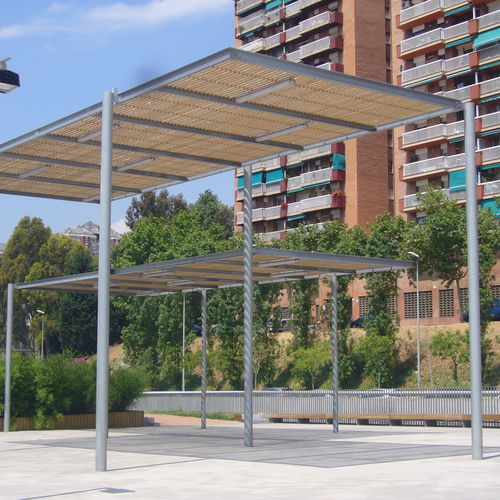 Surface mounted pergola - PERGOLA HABANA - URBADIS Microarquitectura - steel / galvanised steel / wooden canopy
