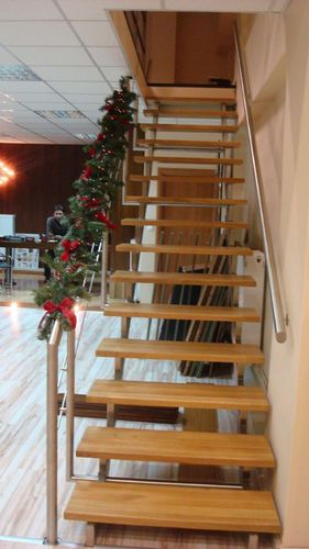 Straight staircase - pure inox - wooden step / stainless steel frame / for commercial buildings