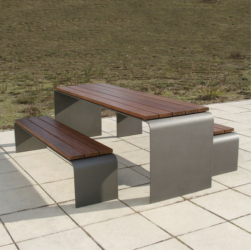 Contemporary table and bench set - Arc - LARUS DESIGN - wooden / steel / garden