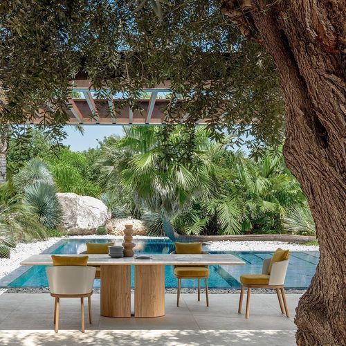 Contemporary dining chair - ITACA - TALENTI - outdoor / wooden / fabric