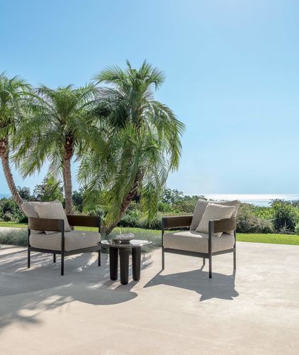 Contemporary armchair - FLOW - TALENTI - fabric / lacquered aluminum / teak