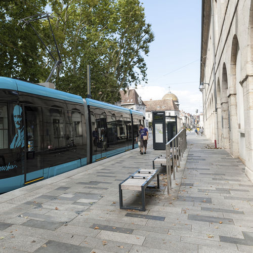 Contemporary public bench - LE TRAMWAY, BESANCON - Factory Street Furniture - wooden / stainless steel / with backrest