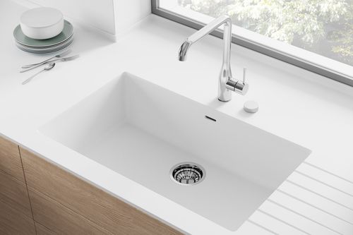 Single-bowl kitchen sink - DUPONT-965 - Hasenkopf - with drainboard / Corian® / integrated