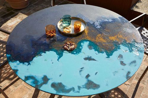 Modern bistro table - BISTROT - Italy Dream Design - glazed lava stone / stainless steel base / round