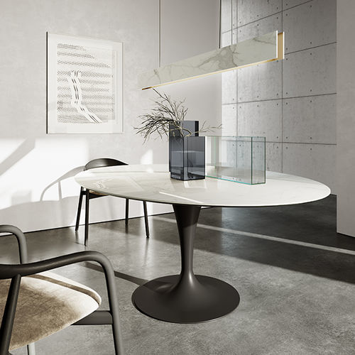Contemporary dining table - Flûte elliptical - Sovet Italia - wooden / lacquered glass / ceramic