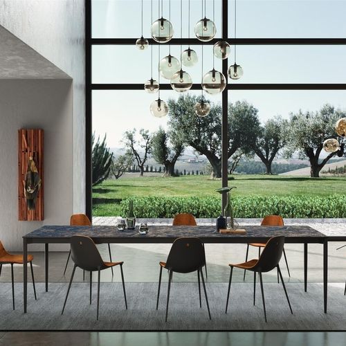 Contemporary dining table - MARGUERITE - Ghekiere Industries - glass / ceramic / lacquered aluminum