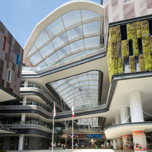 Canopy for commercial buildings - TAMPINES TOWN HUB, SINGAPORE - Vector Foiltec - steel / ETFE / curved