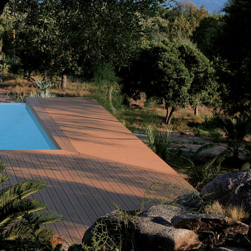 Wood-plastic composite decking board - QUALITA 020F - GEOLAM - grooved / waterproof / wood look