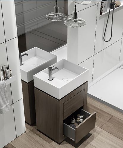Free-standing washbasin - TOWER CUBE - MOMA DESIGN - Corian® / custom / with shelf