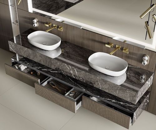 Double washbasin cabinet - VICTORIA  - MOMA DESIGN - wall-mounted / lacquered wood / porcelain stoneware