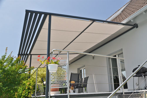 Wall-mounted pergola - NEO - TIR TECHNOLOGIES  - metal / fabric canopy